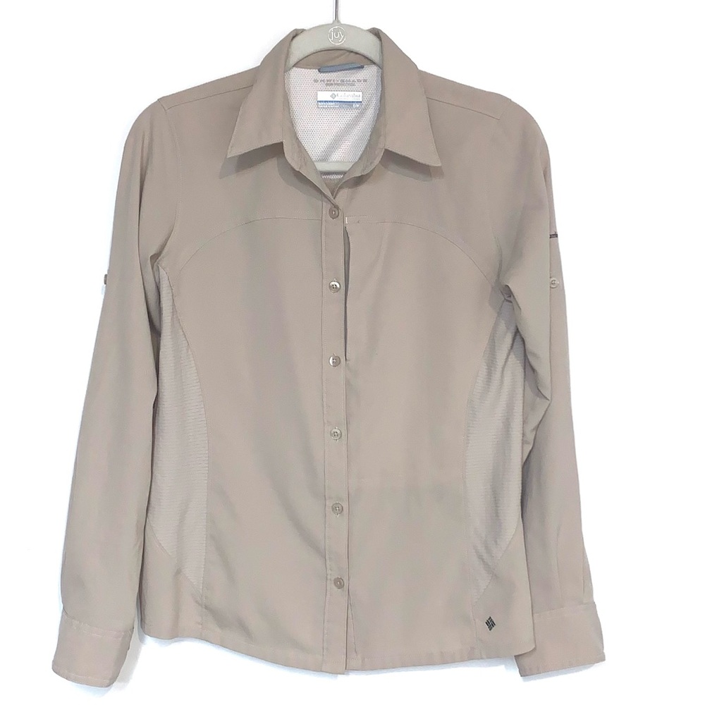 Columbia Omni-Shade Khaki Button Down Roll Tab Sleeve Athletic Top Size Small